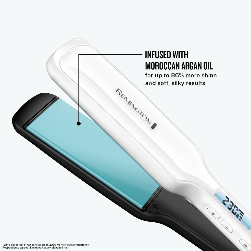 REMINGTON SHINE THERAPY Wide Plate Ceramic Hair Straighteners for Longer Thicker Hair with Morrocan Argan Oil - S8550